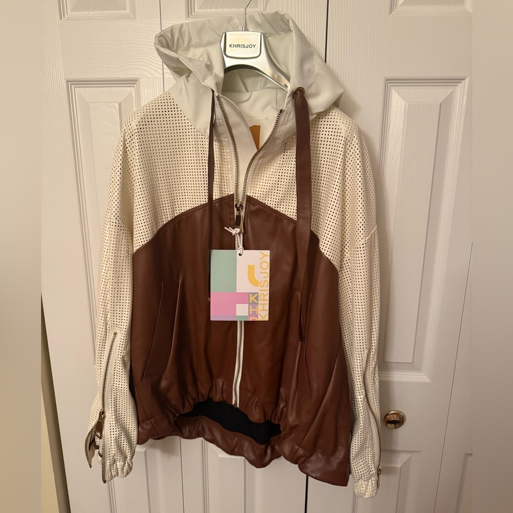 KHRISJOY-  Two-Tone Leather & Perforated Hoodie Jacket - Cream & Brown